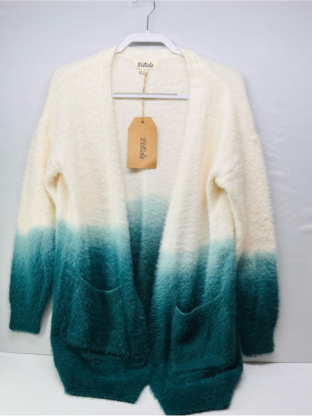 Listicle Cream to Teal Ombre Fuzzy Open Cardigan